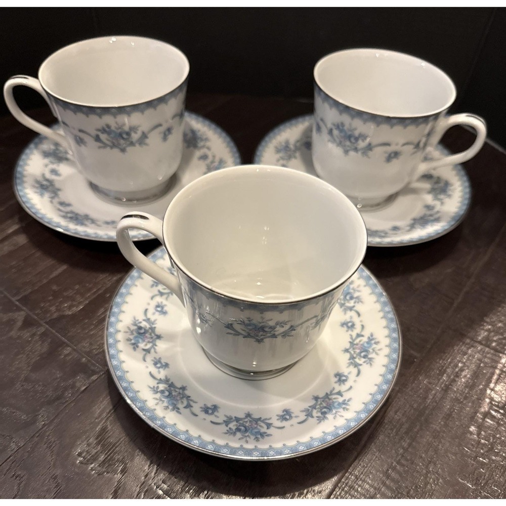 Sango Diplomat Cahill 334 Teacup Tea Cup Saucer Plate Set Of 3 Silver Trim